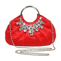 Evening Bag - 12 PCS - Jeweled Satin w/ Metal Ring - Red - BG-90679RD